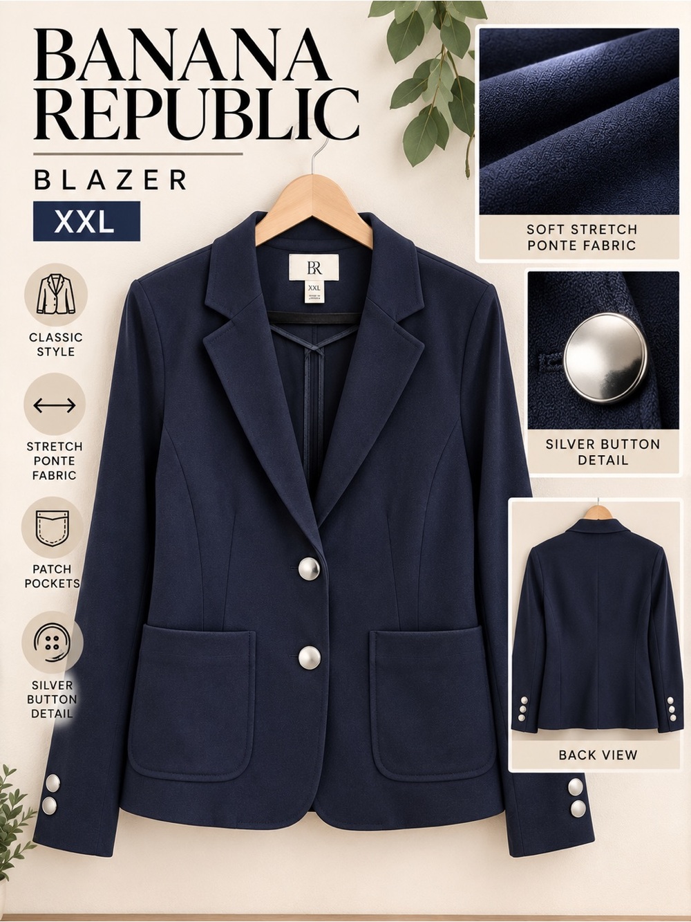 Banana Republic Navy Blue Stretch Ponte Blazer XXL Silver Buttons